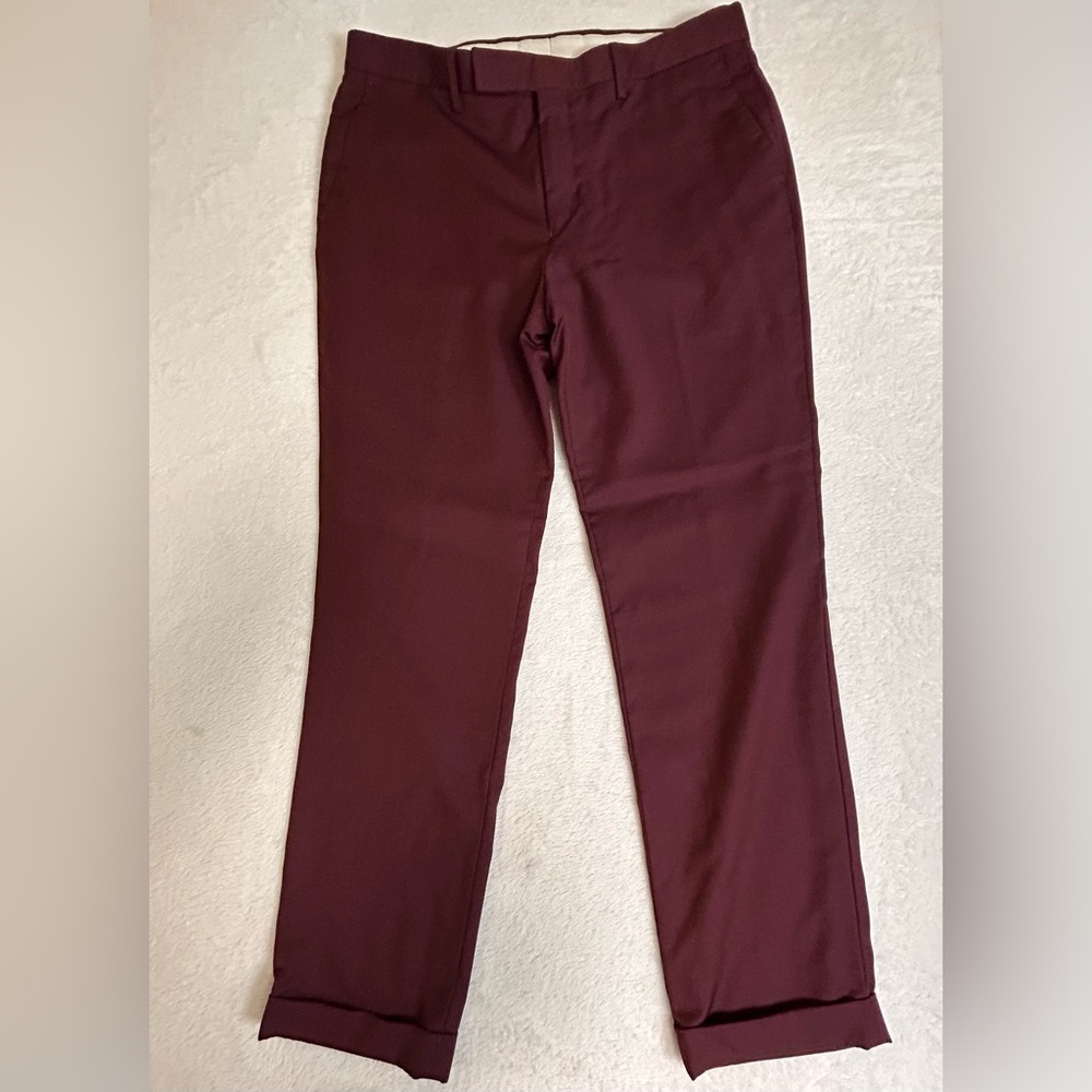 Paul Fredrick Men's Dress Pants Size 36x30 Red Burgundy Flat Front 100% Wool